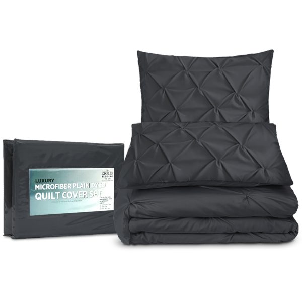 Bedding Quilt Cover Set Pinch Pleat Diamond Duvet Doona Case – KING, Black