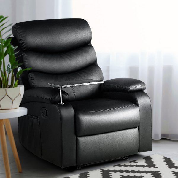 Recliner Chair Armchair Lounge Sofa Chairs Couch Black Tray Table – Leather