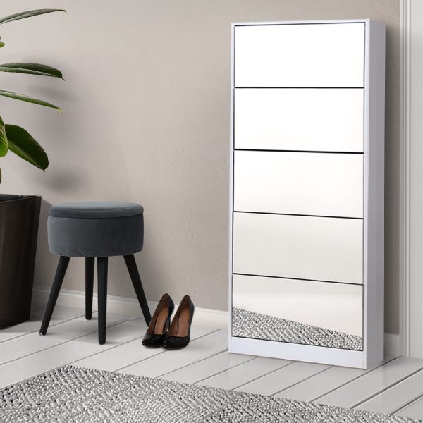 5 Drawer Mirrored Wooden Shoe Cabinet – White