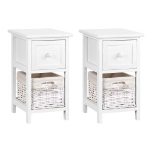 Bedside Table 1 Drawer with Basket Rustic White X2