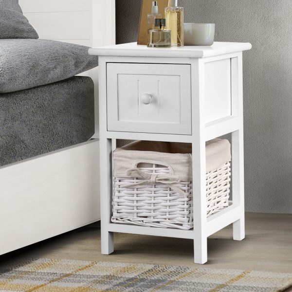 Bedside Table 1 Drawer with Basket Rustic White X2