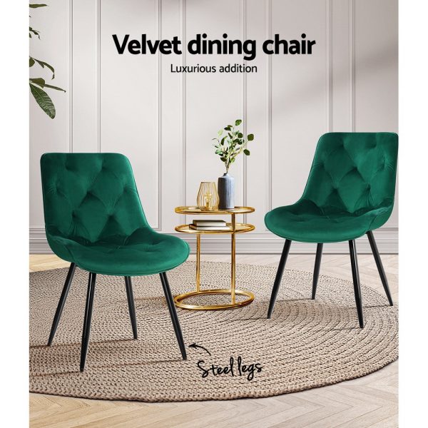 Set of 2 Starlyn Dining Chairs Kitchen Chairs Velvet Padded Seat – Green