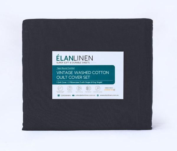 Elan Linen 100% Egyptian Cotton Vintage Washed 500TC Double Bed Sheets Set – Charcoal