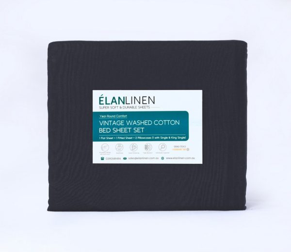 Elan Linen 100% Egyptian Cotton Vintage Washed 500TC Double Bed Sheets Set – Charcoal