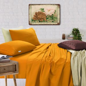 Elan Linen 100% Egyptian Cotton Vintage Washed 500TC Double Bed Sheets Set – Mustard