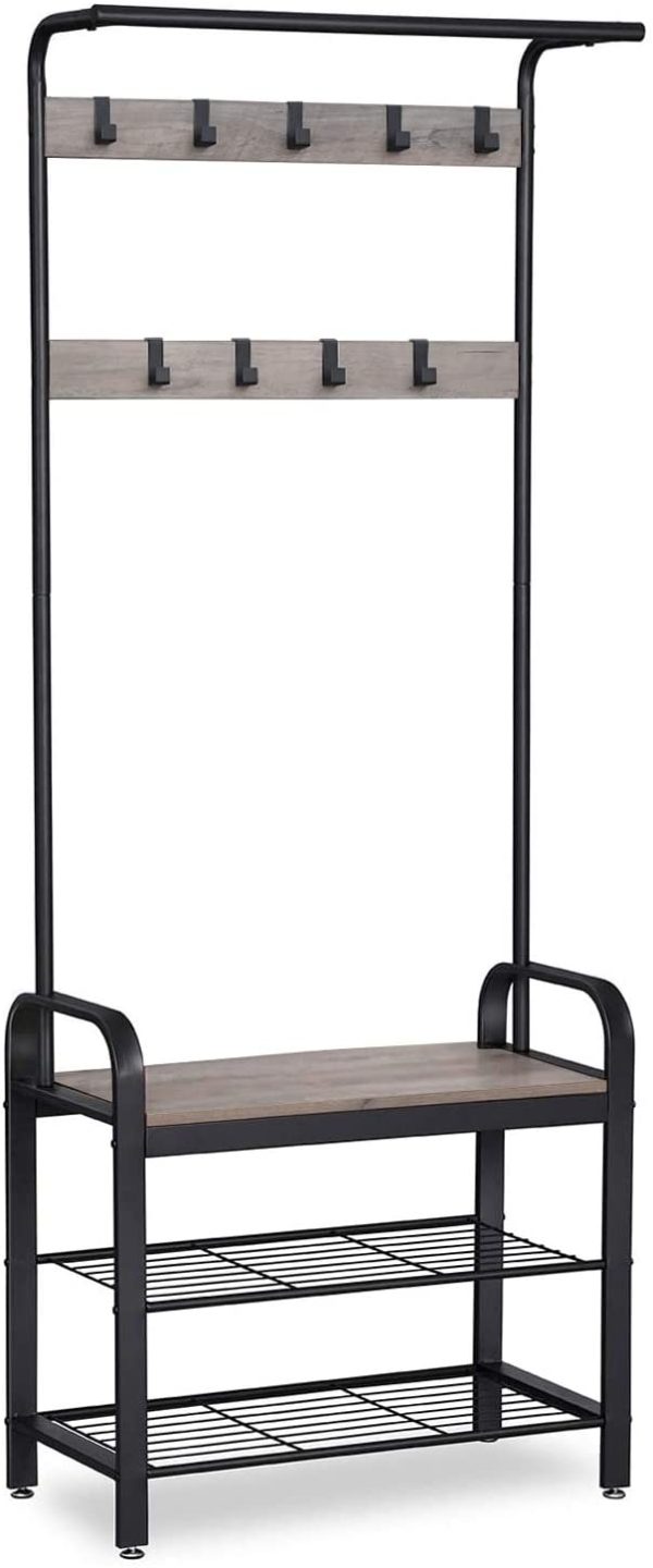 Greige and Black Steel Freestanding Coat Rack Stand with Removable Hooks, Bench and Shoe Rack, Height 183 cm