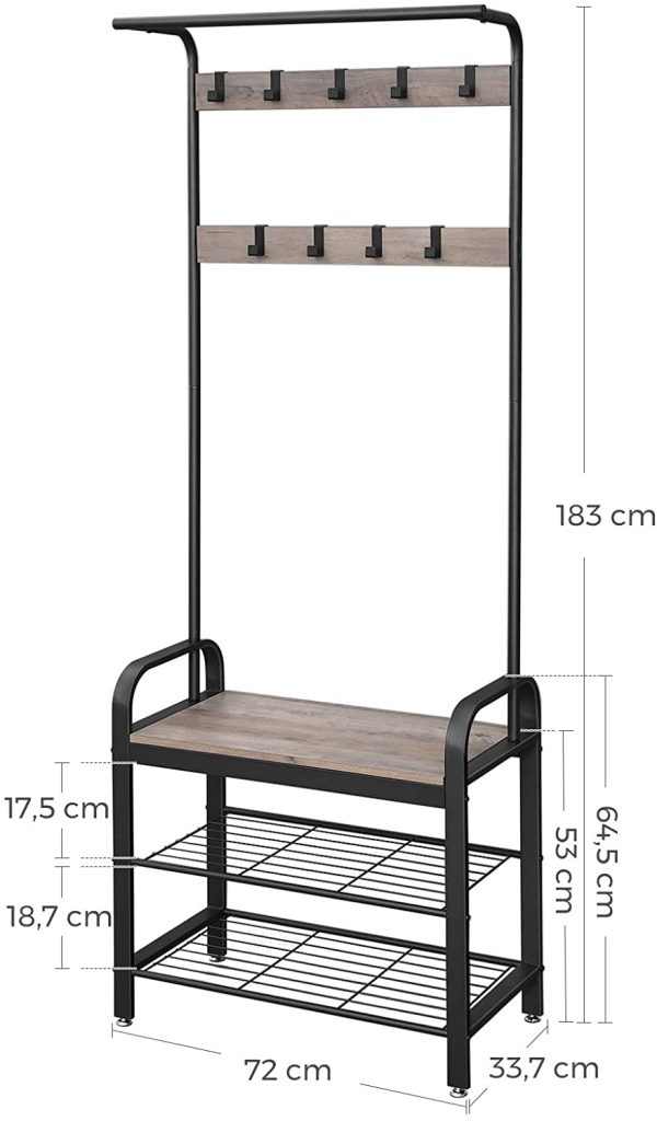 Greige and Black Steel Freestanding Coat Rack Stand with Removable Hooks, Bench and Shoe Rack, Height 183 cm