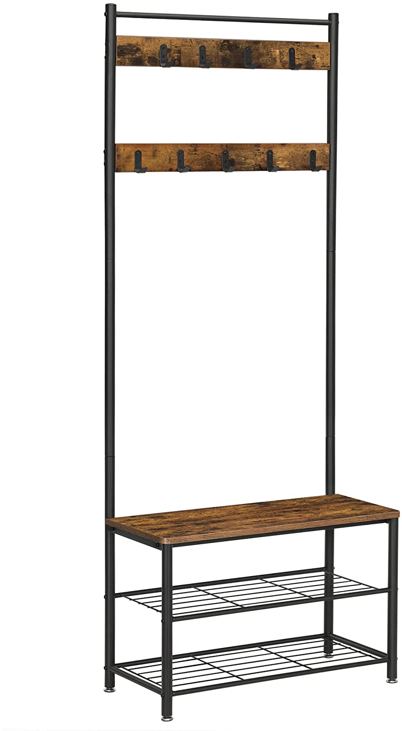 Rustic Brown Coat Rack Stand with Hallway Shoe Rack and Bench with Shelves Matte Metal Frame Height 175 cm