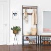 Rustic Brown Coat Rack Stand with Hallway Shoe Rack and Bench with Shelves Matte Metal Frame Height 175 cm