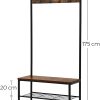 Rustic Brown Coat Rack Stand with Hallway Shoe Rack and Bench with Shelves Matte Metal Frame Height 175 cm