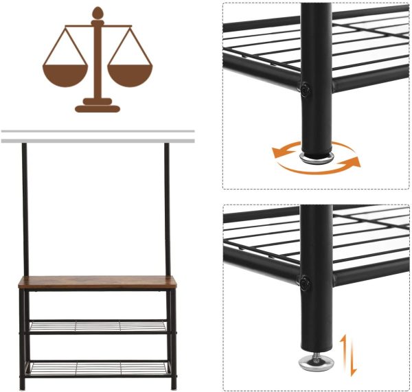 Rustic Brown Coat Rack Stand with Hallway Shoe Rack and Bench with Shelves Matte Metal Frame Height 175 cm