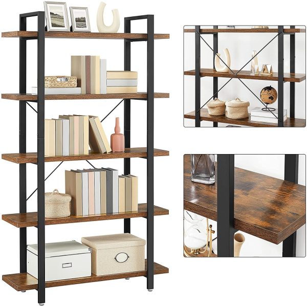 Bookshelf 5-Tier Industrial Stable Bookcase Rustic Brown and Black