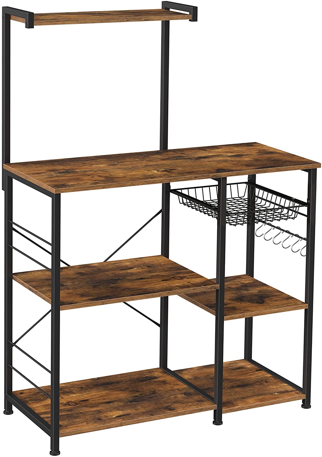 Kithcen Baker’s Rack with Shelves Microwave Stand with Wire Basket and 6 S-Hooks Rustic Brown