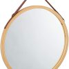 Hanging Round Wall Mirror Solid Bamboo Frame and Adjustable Leather Strap for Bathroom and Bedroom – 38 cm