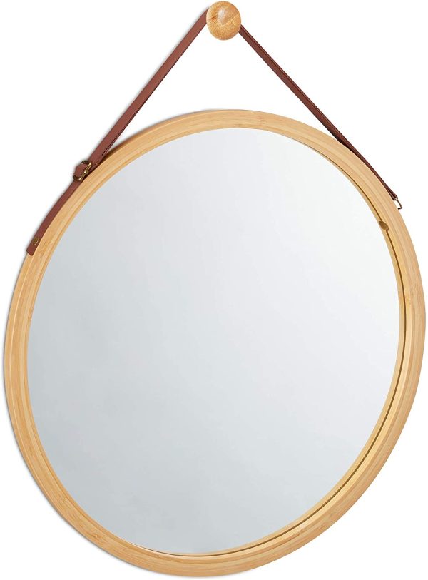 Hanging Round Wall Mirror Solid Bamboo Frame and Adjustable Leather Strap for Bathroom and Bedroom – 38 cm