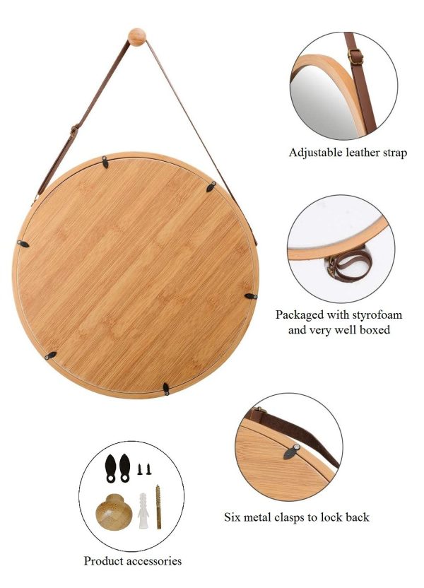 Hanging Round Wall Mirror Solid Bamboo Frame and Adjustable Leather Strap for Bathroom and Bedroom – 38 cm