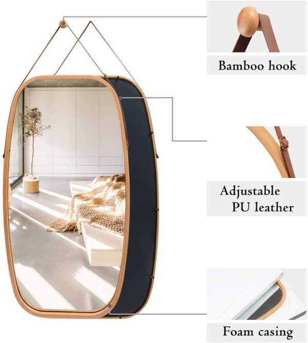 Hanging Full Length Wall Mirror – Solid Bamboo Frame and Adjustable Leather Strap for Bathroom and Bedroom