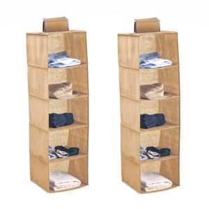 2 Pack 5-Tier Shelf Hanging Closet Organizer and Storage for Clothes (Beige)