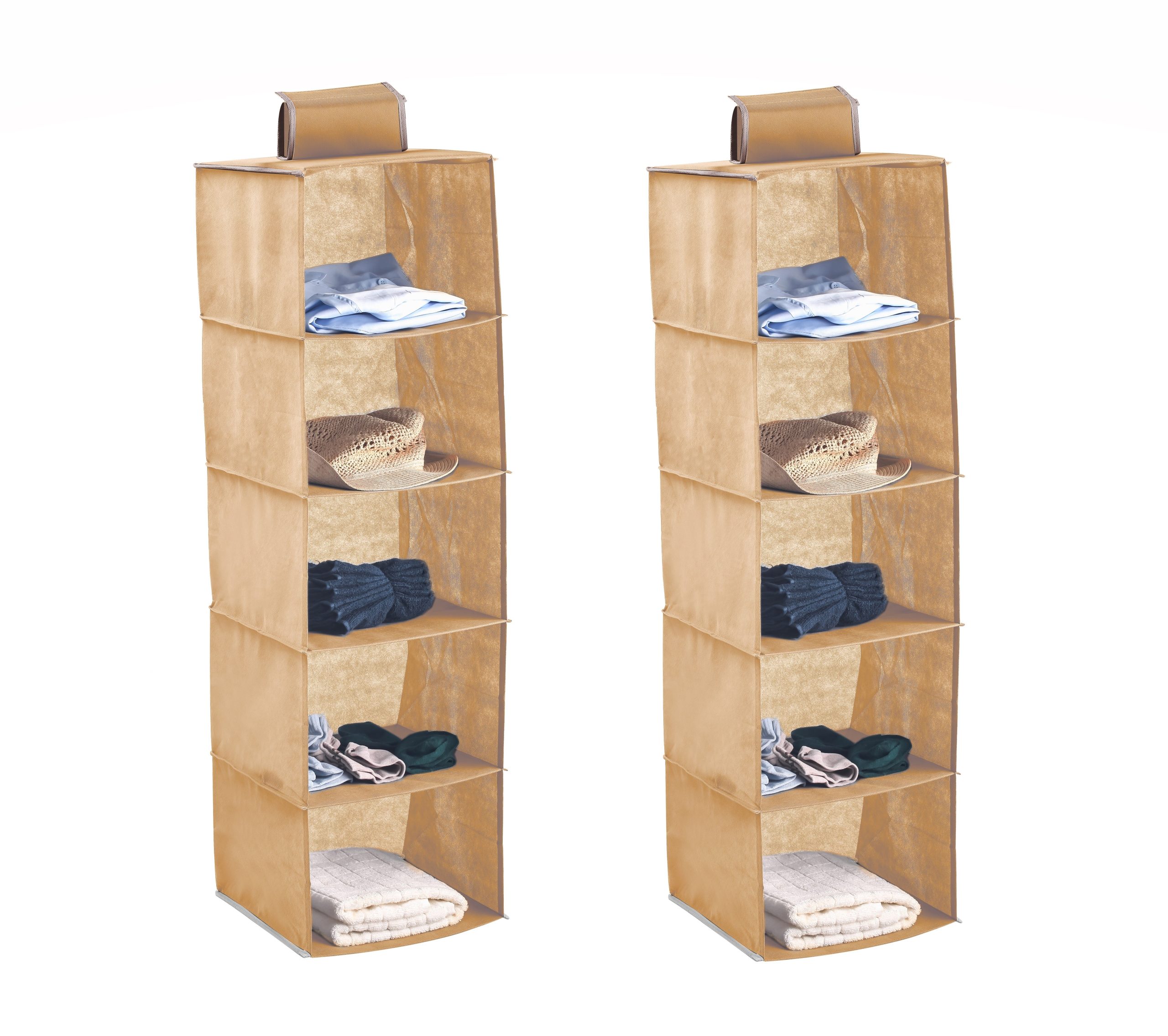 2 Pack 5-Tier Shelf Hanging Closet Organizer and Storage for Clothes (Beige)