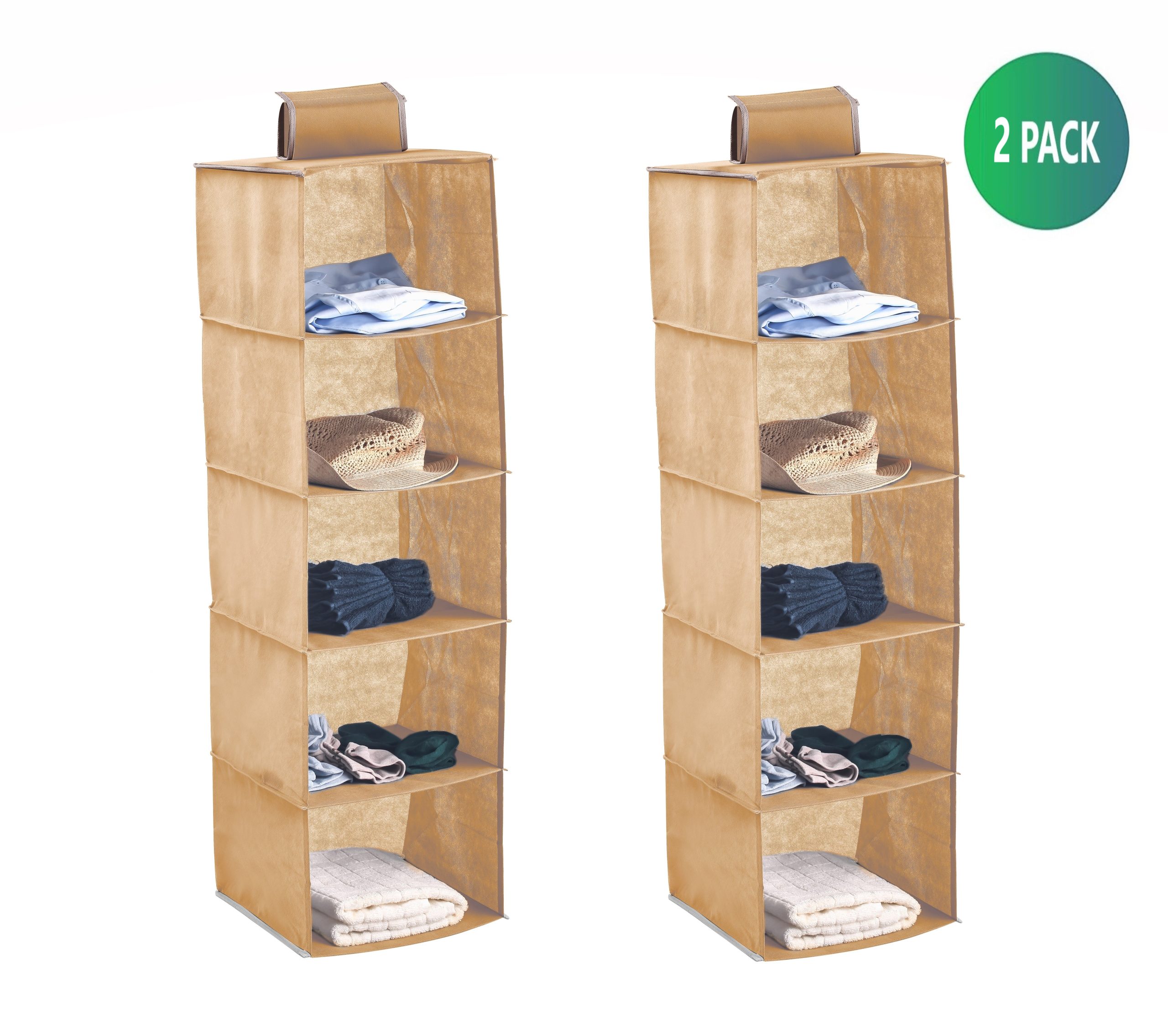 2 Pack 5-Tier Shelf Hanging Closet Organizer and Storage for Clothes (Beige)