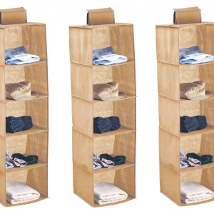 3 Pack 5-Tier Shelf Hanging Closet Organizer and Storage for Clothes (Beige)