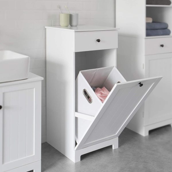 White Bathroom Cabinet with Laundry Basket and Drawer