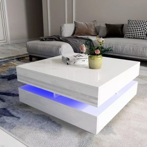 Modern Large High Gloss Coffee Table With LED Lights – White