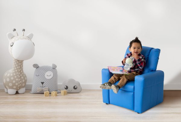 Blue Kids push back recliner chair with cup holder