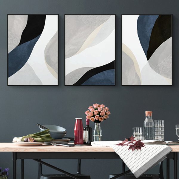 Abstract Navy Blue 3 Sets Black Frame Canvas Wall Art