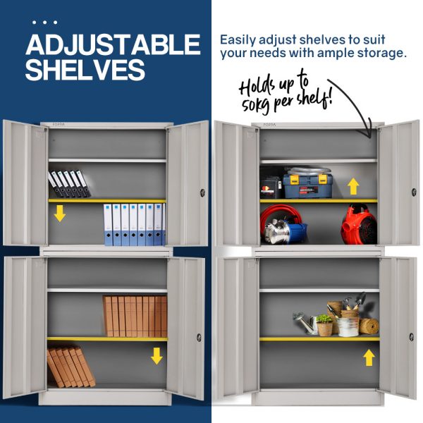 4-Door Steel Stationery Cabinet, Cam Locks, Shelves, Grey