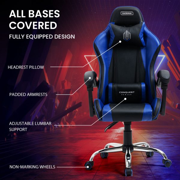 OVERDRIVE Conquest Series Reclining Gaming Ergonomic Office Chair with Lumbar and Neck Pillows – Black and Blue