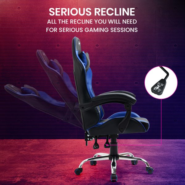 OVERDRIVE Conquest Series Reclining Gaming Ergonomic Office Chair with Lumbar and Neck Pillows – Black and Blue