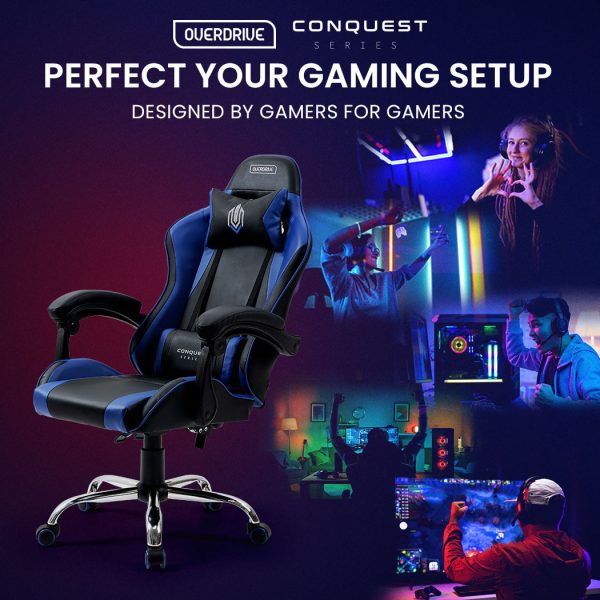 OVERDRIVE Conquest Series Reclining Gaming Ergonomic Office Chair with Lumbar and Neck Pillows – Black and Blue