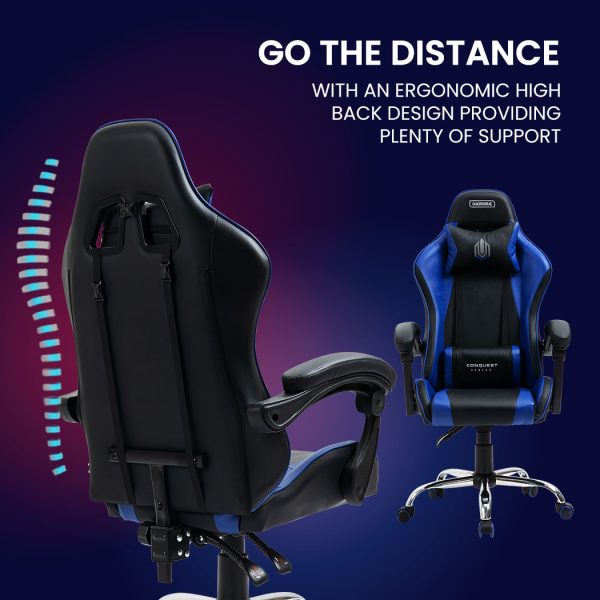 OVERDRIVE Conquest Series Reclining Gaming Ergonomic Office Chair with Lumbar and Neck Pillows – Black and Blue