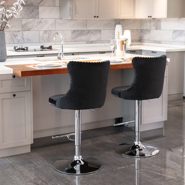 2x Height Adjustable Swivel Bar Stool Velvet Studs Barstool with Footrest and Chromed Base – Black