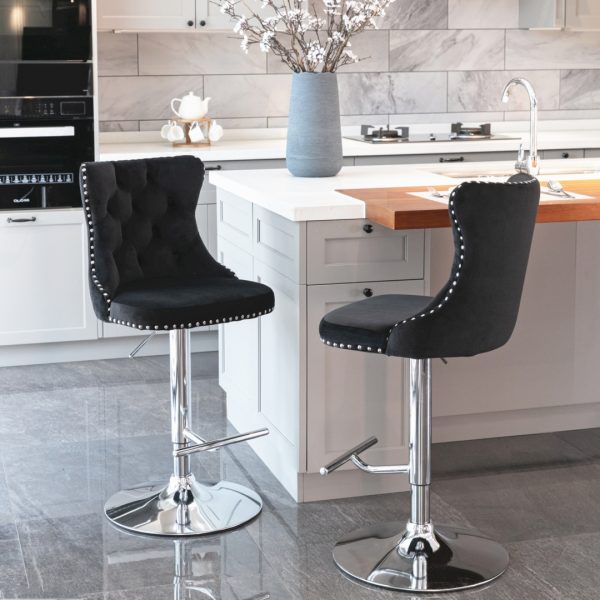 2x Height Adjustable Swivel Bar Stool Velvet Studs Barstool with Footrest and Chromed Base – Black