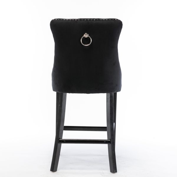 2X Velvet Bar Stools with Studs Trim Wooden Legs Tufted Dining Chairs Kitchen – Black