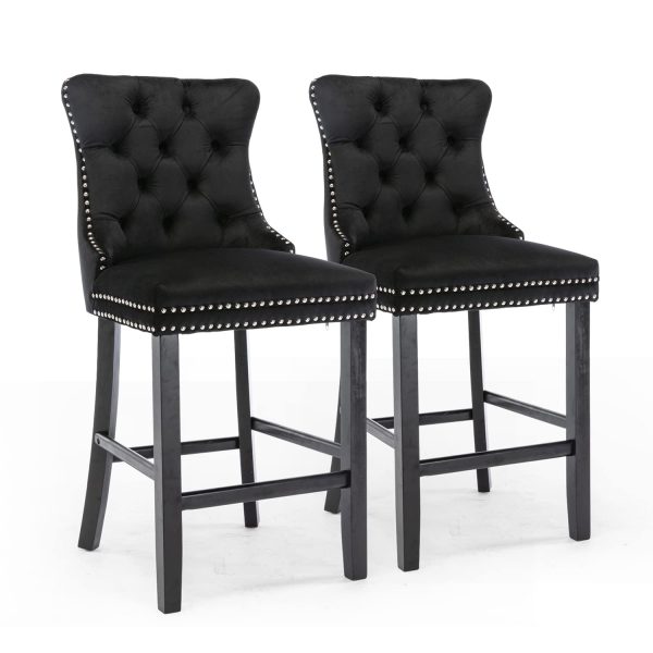 2X Velvet Bar Stools with Studs Trim Wooden Legs Tufted Dining Chairs Kitchen – Black