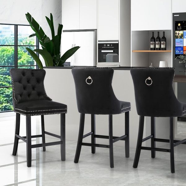 2X Velvet Bar Stools with Studs Trim Wooden Legs Tufted Dining Chairs Kitchen – Black