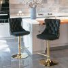 2x Height Adjustable Swivel Bar Stool Velvet Studs Barstool with Footrest and Golden Base – Black