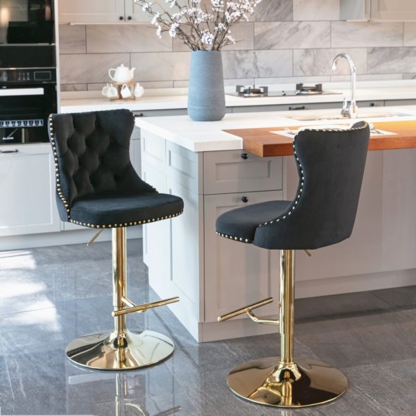 2x Height Adjustable Swivel Bar Stool Velvet Studs Barstool with Footrest and Golden Base – Black