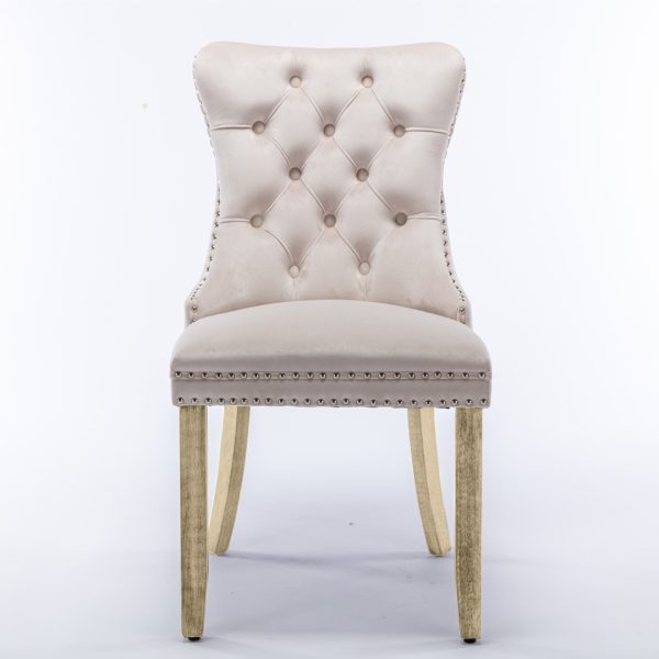 2x Velvet Dining Chairs Upholstered Tufted Kithcen Chair with Solid Wood Legs Stud Trim and Ring – Beige