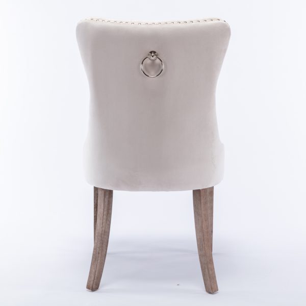 2x Velvet Dining Chairs Upholstered Tufted Kithcen Chair with Solid Wood Legs Stud Trim and Ring – Beige