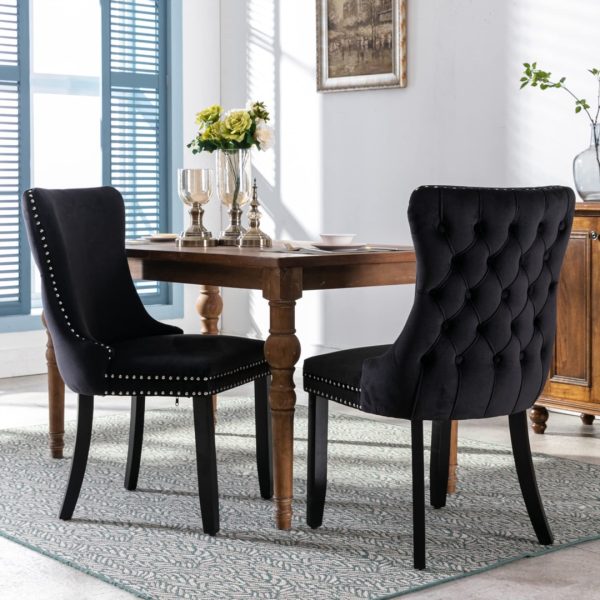 2x Velvet Upholstered Dining Chairs Tufted Wingback Side Chair with Studs Trim Solid Wood Legs for Kitchen