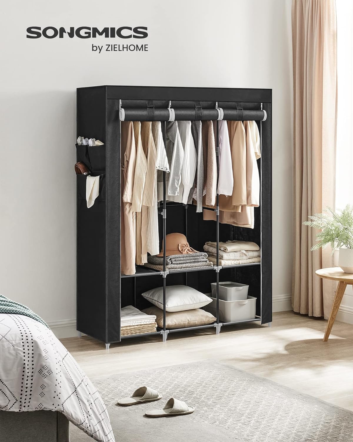 Clothes Wardrobe Portable Closet with Cover and 3 Hanging Rails Black RYG092B02