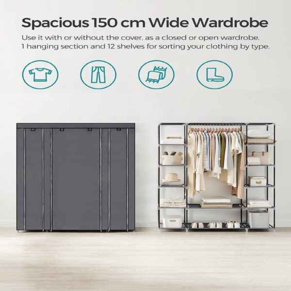 150cm Portable Closet Organizer, Wardrobe with Shelves and Cover Gray