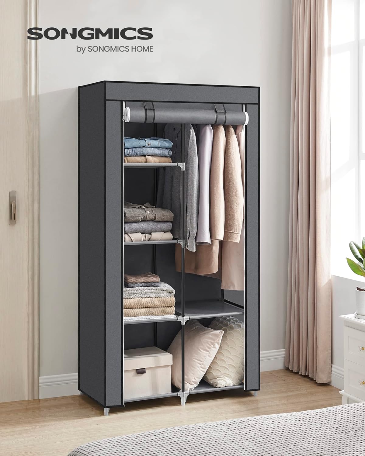 Portable Clothes Storage Organizer with 6 Shelves and 1 Clothes Hanging Rail Grey RYG84GY