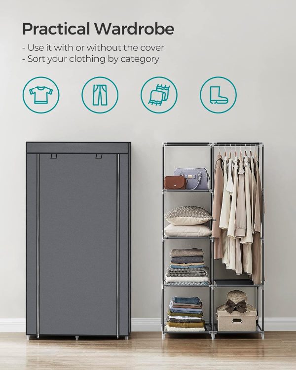 Portable Clothes Storage Organizer with 6 Shelves and 1 Clothes Hanging Rail Grey RYG84GY