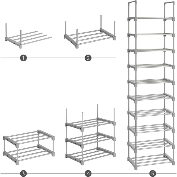 SONGMICS 10-Tier Metal Shoe Rack Customizable Design – Grey