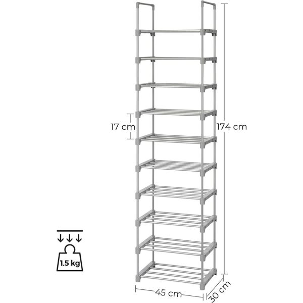 SONGMICS 10-Tier Metal Shoe Rack Customizable Design – Grey